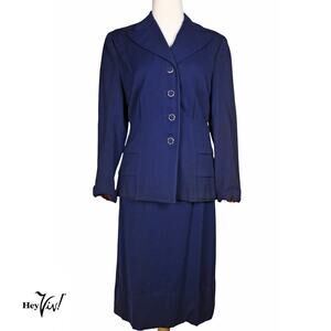 Vintage 1940s Womens 2 Pc Suit Blue Wool Wide Lapel Metal Zip B36 W28 - Hey Viv